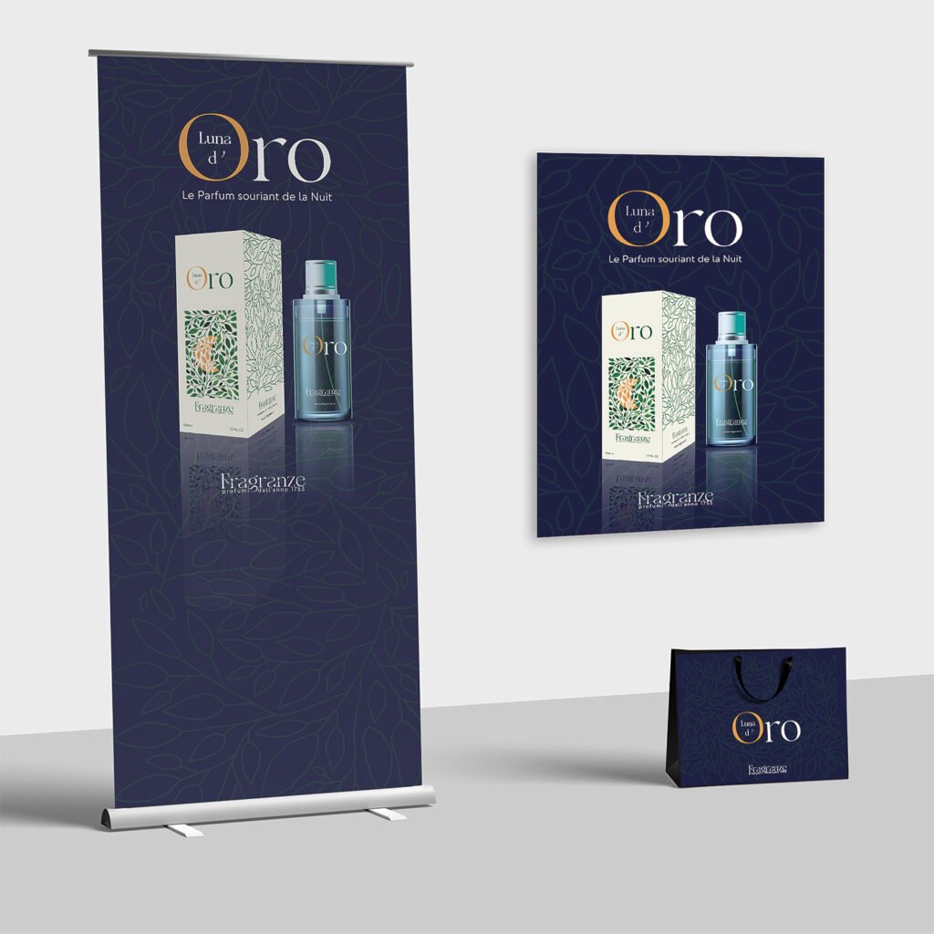 La publicité "Luna d'Oro, le parfum souriant de la Nuit" présente le packaging et le vaporisateur. Ces derniers sont placés sur un fond bleu nuit avec une décor de branches et feuilles vertes dont seul le contour est esquissé. Ce visuel est décliné en affiche murale et en kakemono. Le sac de parfumerie est également présenté, avec un visuel simplifié réduit au logo du parfum et de la marque Fragranze.