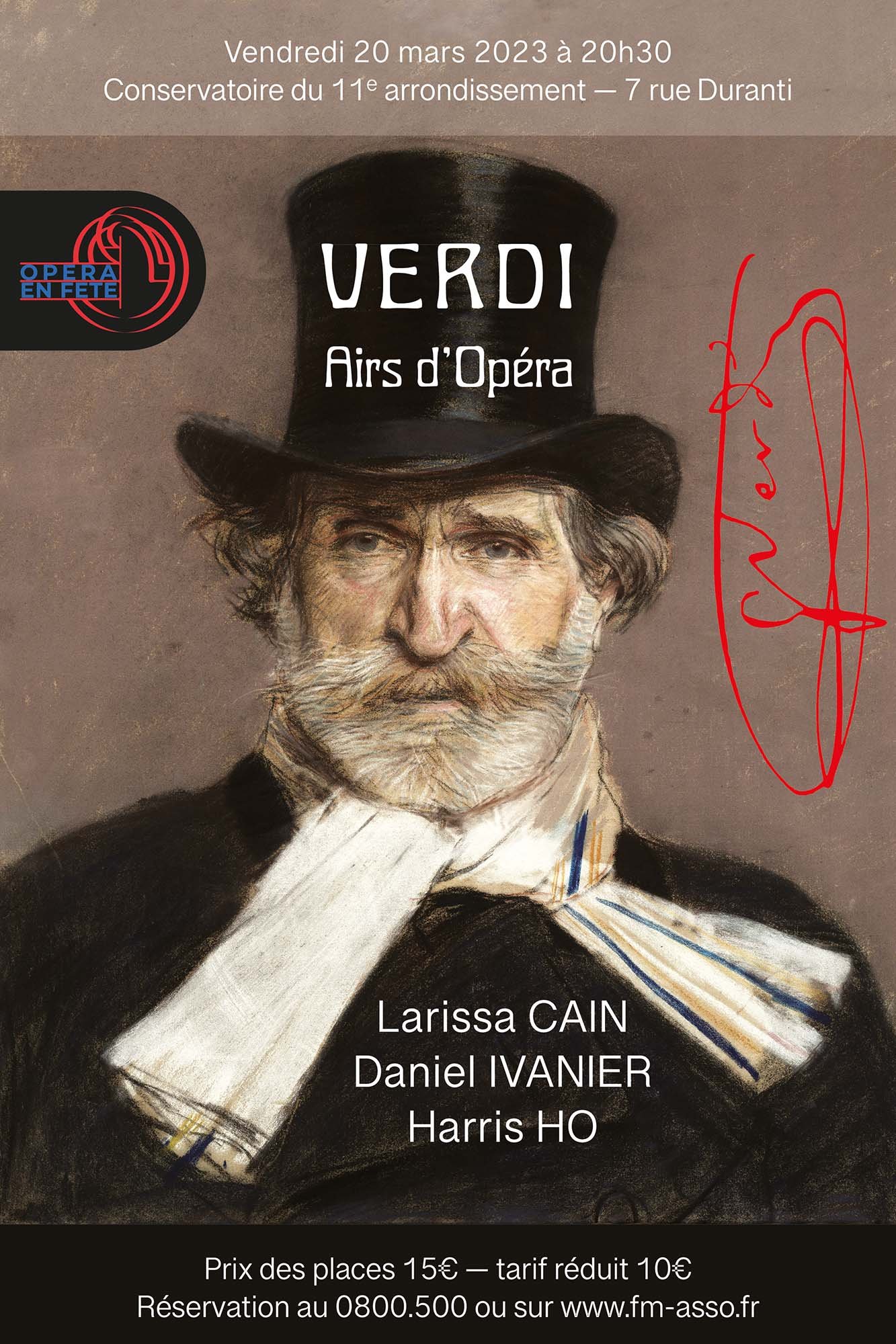 Affiche de concert. Portrait du compositeur Giuseppe Verdi par Giovanni Boldini. Verdi est représenté en buste. La mention "Airs d'Opéra" est posée sur le chapeau haut de forme noir. Les interprètes sur le manteau, noir également. A gauche le logo "Opéra en fête". A droite la signature de Verdi. Dans les bandeaux supérieur et inférieur, les renseignements pratiques (heure, lieu, réservations.)