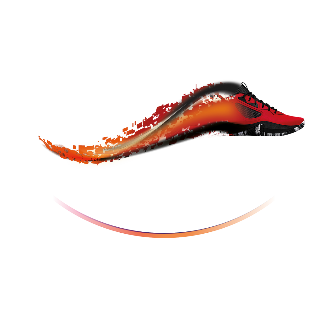 Visuel pour une chaussure de sport à dominante rouge, lacets et semelles noir. Elle est suivie d'une trainée enflammée dans les mêmes tons de rouge orangé et noir.
