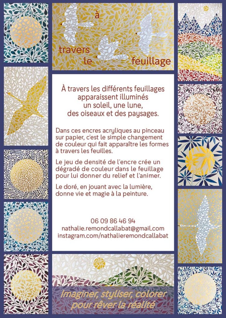 Verso du flyer de l'exposition Nathalie Rémond Callabat. Les différentes images fournies par l'artiste constituent une frise régulière tout autour du flyer, au centre, un texte décrit les intentions de l'artiste pour cette exposition