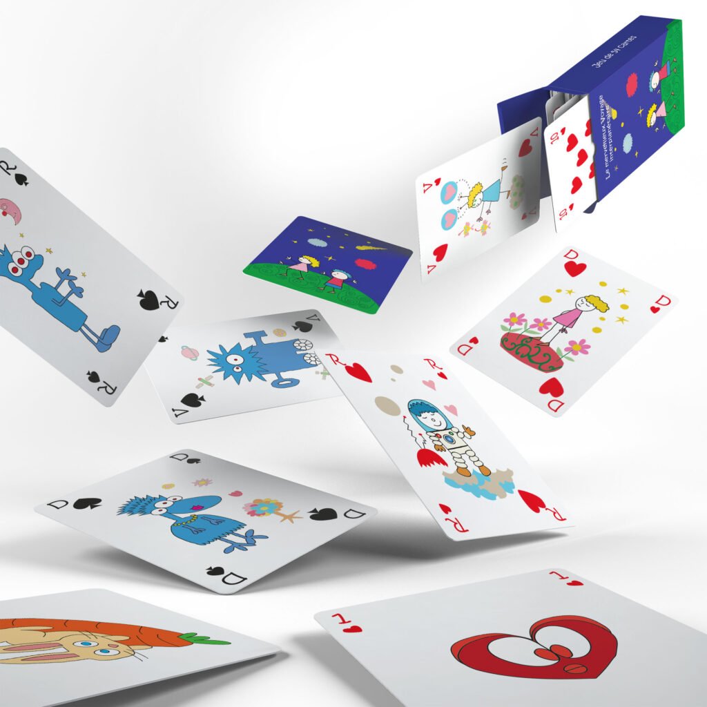 Les cartes à jouer semblent surgir de leur étui. On reconnait les figures des valet, dame et roi de coeur et de pique. Au premier plan l'as de coeur.