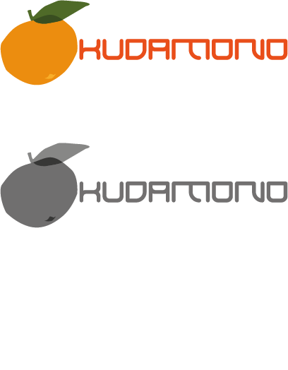 Logo Kudamono avec une orange et sa feuille en trois versions : en couleurs, en niveaux de gris et en blanc.