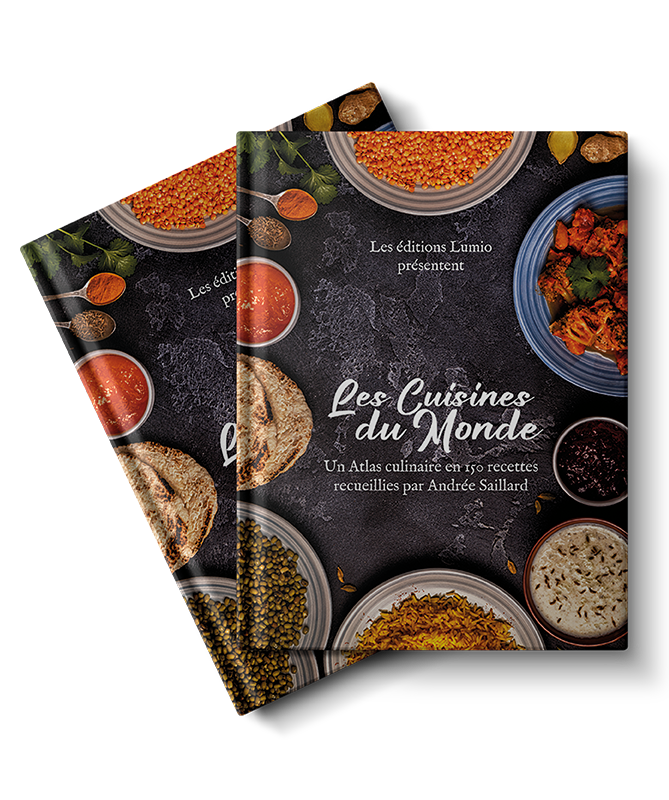 Livre Cuisines du Monde présenté comme deux exemplaires superposés mais décalés. Sur un fond d'ardoise la couverture présente différents plats orientaux et épices (lentilles, riz, curry)