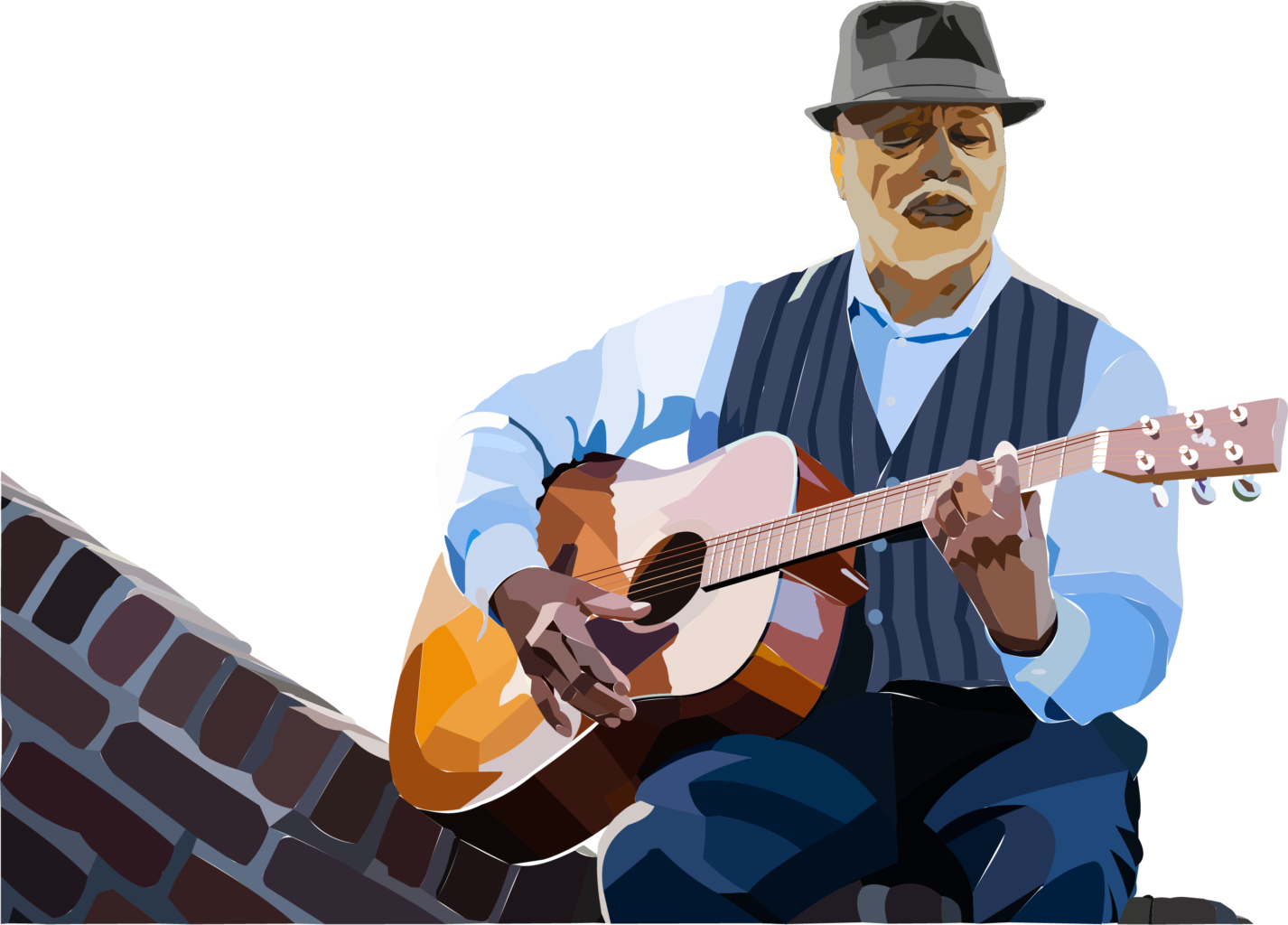 Portrait d'un bluesman noir, à la courte barbe blanche, assis sur un muret de brique, tenant sa guitare. Il est coiffé d'un chapeau gris et vêtu de bleu, en gilet à rayures foncées sur une chemise bleu ciel.