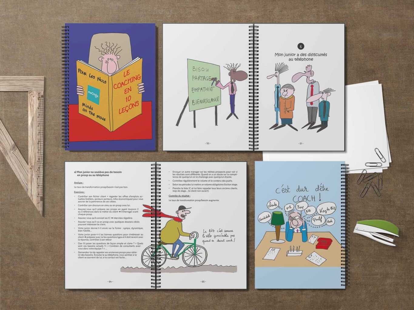 Plusieurs extraits du livre de coaching pour le groupe moOngy présenté en mockup sur un bureau avec divers accessoires : agrafeuse, trombones, équerre.