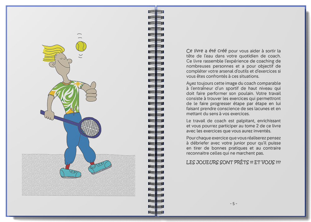 Préface du livre de coaching pour le groupe moOngy présenté sur une double page. À gauche un coach tennisman souriant et plein d'assurance. À droite, la préface et les conseils généraux pour le coaching.