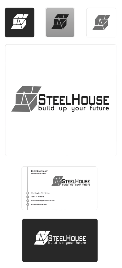 Le logo SteelHouse évoque un building d’acier et de verre. Il est présenté ici en blanc sur fond noir, noir sur gris, gris sur blanc. On y ajoute un visuel avec le slogan "build up your future" et la déclinaison en cartes de visite.