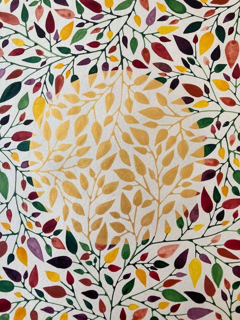 Un feuillage multicolore devient doré pour laisser apparaitre la forme du disque solaire