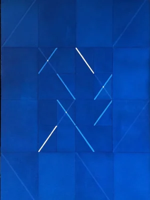 Une des oeuvres d'Albert Ayme de la série chant des ténèbres. Construction géométrique aux formes régulières dans un camaieu de bleus sombres entrecoupé de lignes plus claires ou même blanches