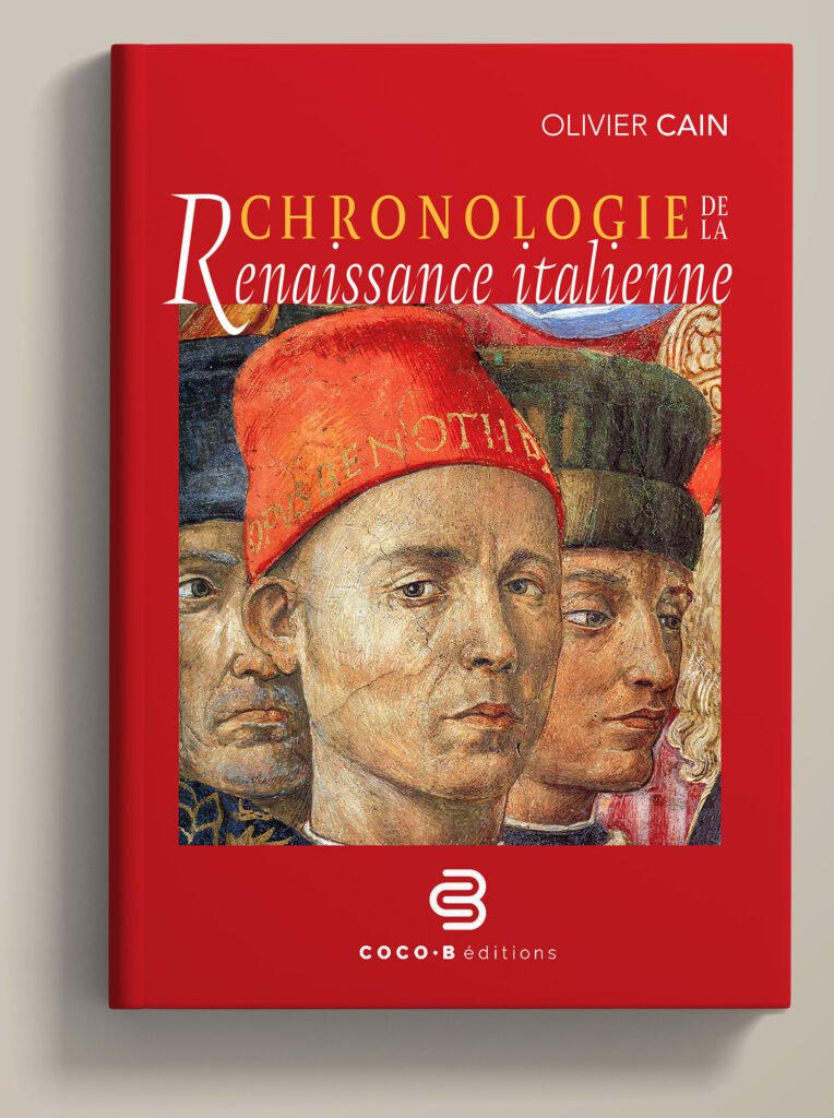 Mockup présentant le lire fermé "chronologie de la Renaissance-italienne". Illustration de couverture : autoportait du peintre Benozzo Gozzoli dans sa fresque de la chapelle des mages du Palais Médicis à Florence, daté de 1450.