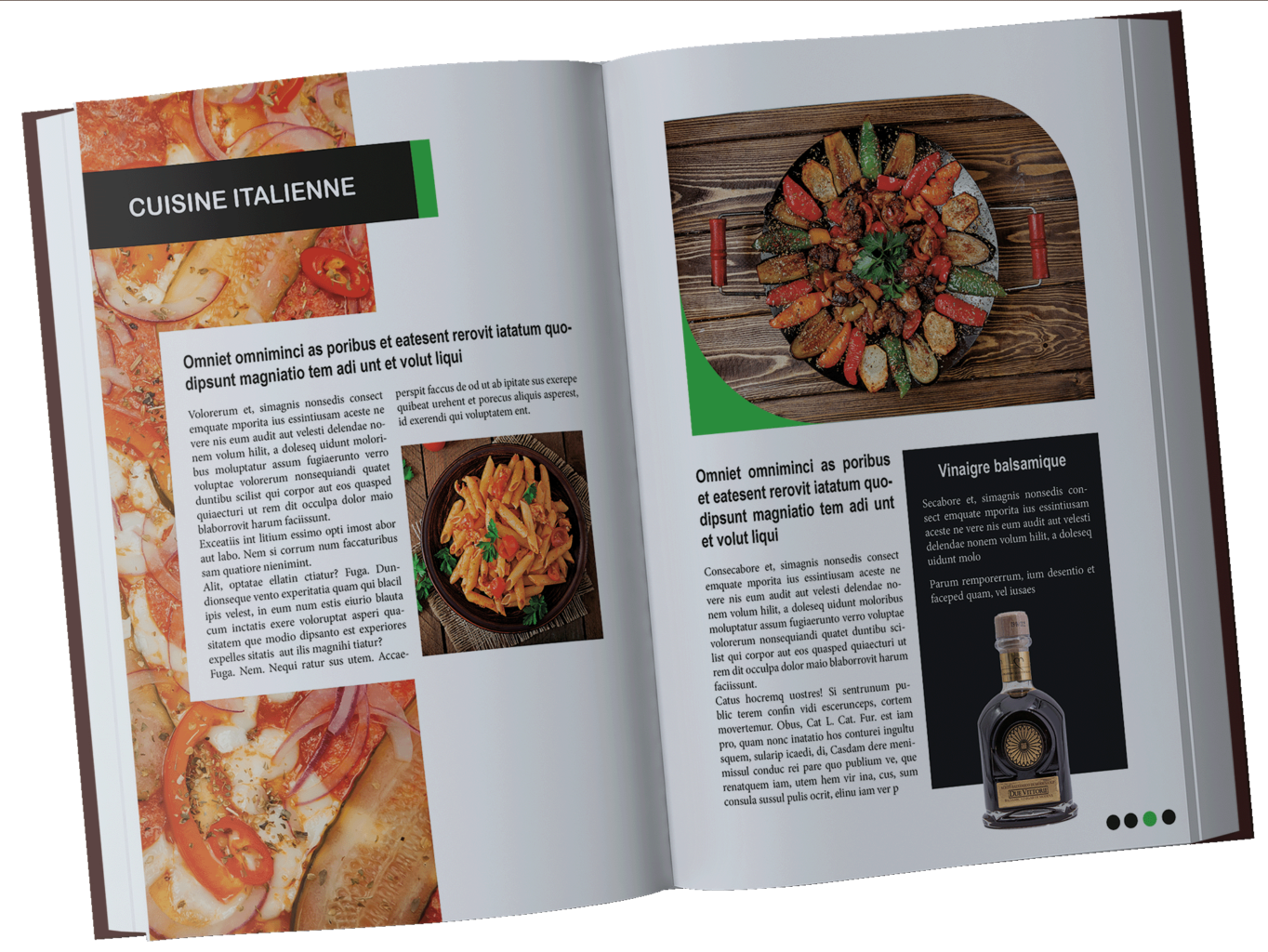Double page "cuisine italienne" du livre Cuisines du monde. Images de plats typiques italiens, pizza, pates, légumes grillés. Encart sur le vinaigre balsamique.