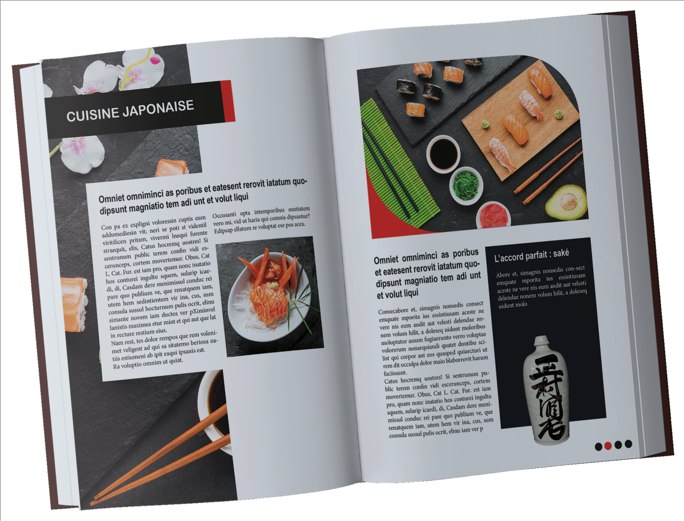Double page "cuisine japonaise" du livre Cuisines du monde. Images de plats typiques japonais, sushi, sashimi, présentés harmonieusement sur natte ou ardoise, avec baguettes. Encart sur le saké.