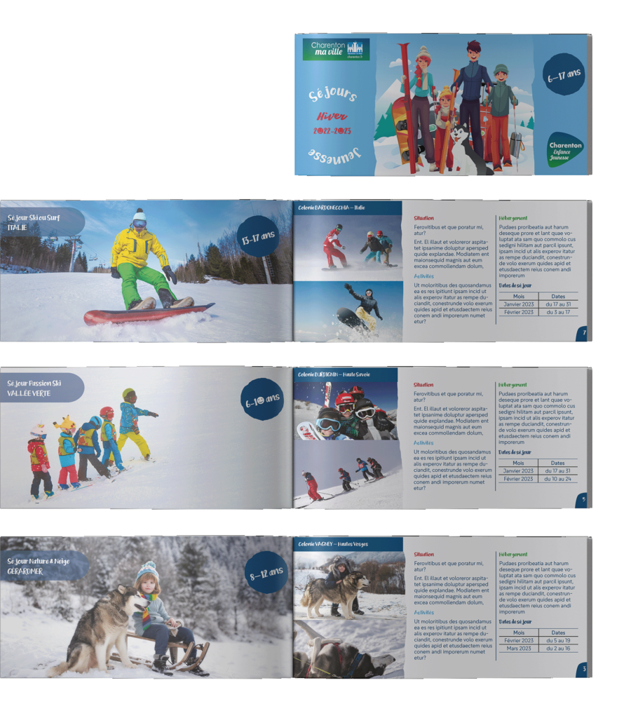Brochure des séjours hiver destinés à la jeunesse par la municipalité de Charenton-le-Pont. Sur chaque double page une photo d'ambiance annonce le séjour et en regard les modalités pratiques sont précisées (activités, dates).