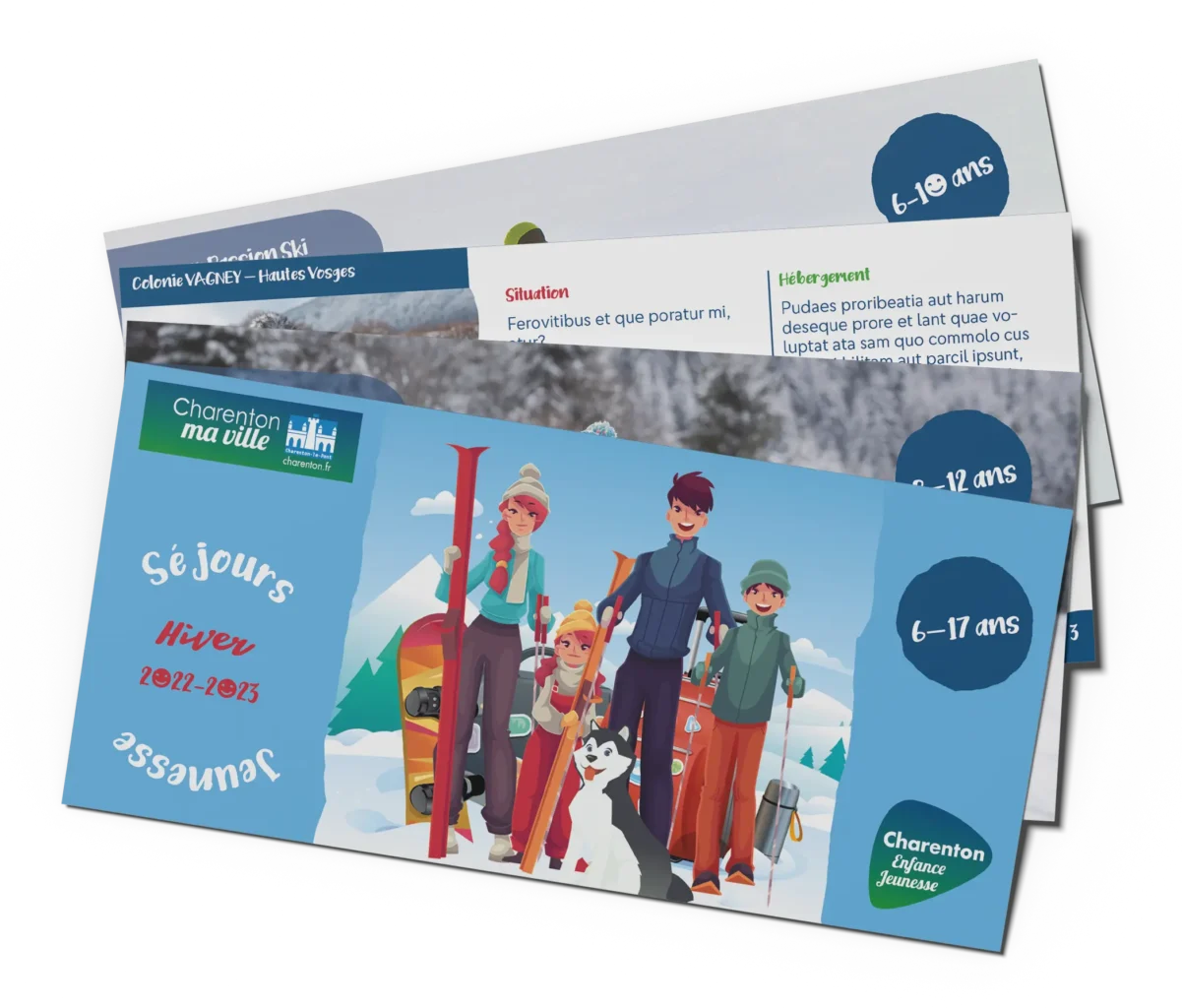 Catalogue de séjours jeunesse Hiver 2022-2023 Mairie de Charenton- le-Pont. Sur la couverture apparait le logo de la mairie et et un dessin montrant des enfants et des jeunes en vacances à la montagne avec skis, surf et chien de traineau. En arrière plan vue partielle des pages internes du catalogue.