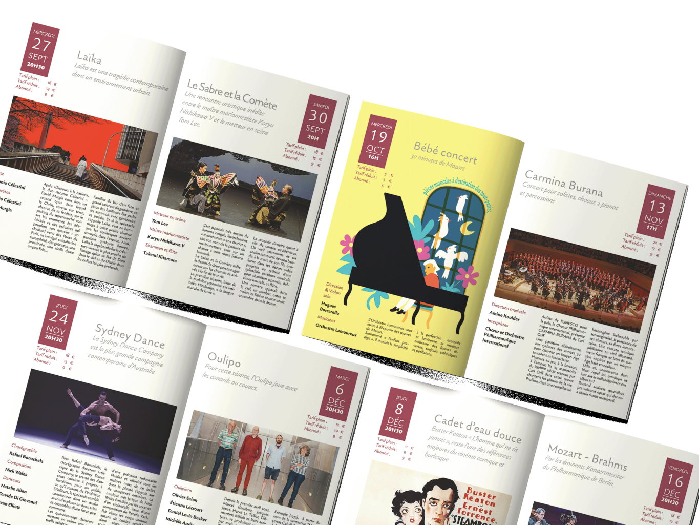 Les pages intérieures du programme trimestriel du Théâtre des 2 Rives, avec un page par spectacle présenté : marionnettes japonaises, concert Mozart pour les enfants, concert classique, danse, poésie, cinéma.