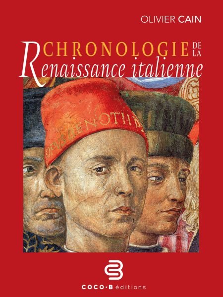 Projet de couverture "chronologie de la Renaissance-italienne" sur fond rouge. Illustration : autoportait du peintre Benozzo Gozzoli dans sa fresque de la chapelle des mages du Palais Médicis à Florence, daté de 1450.